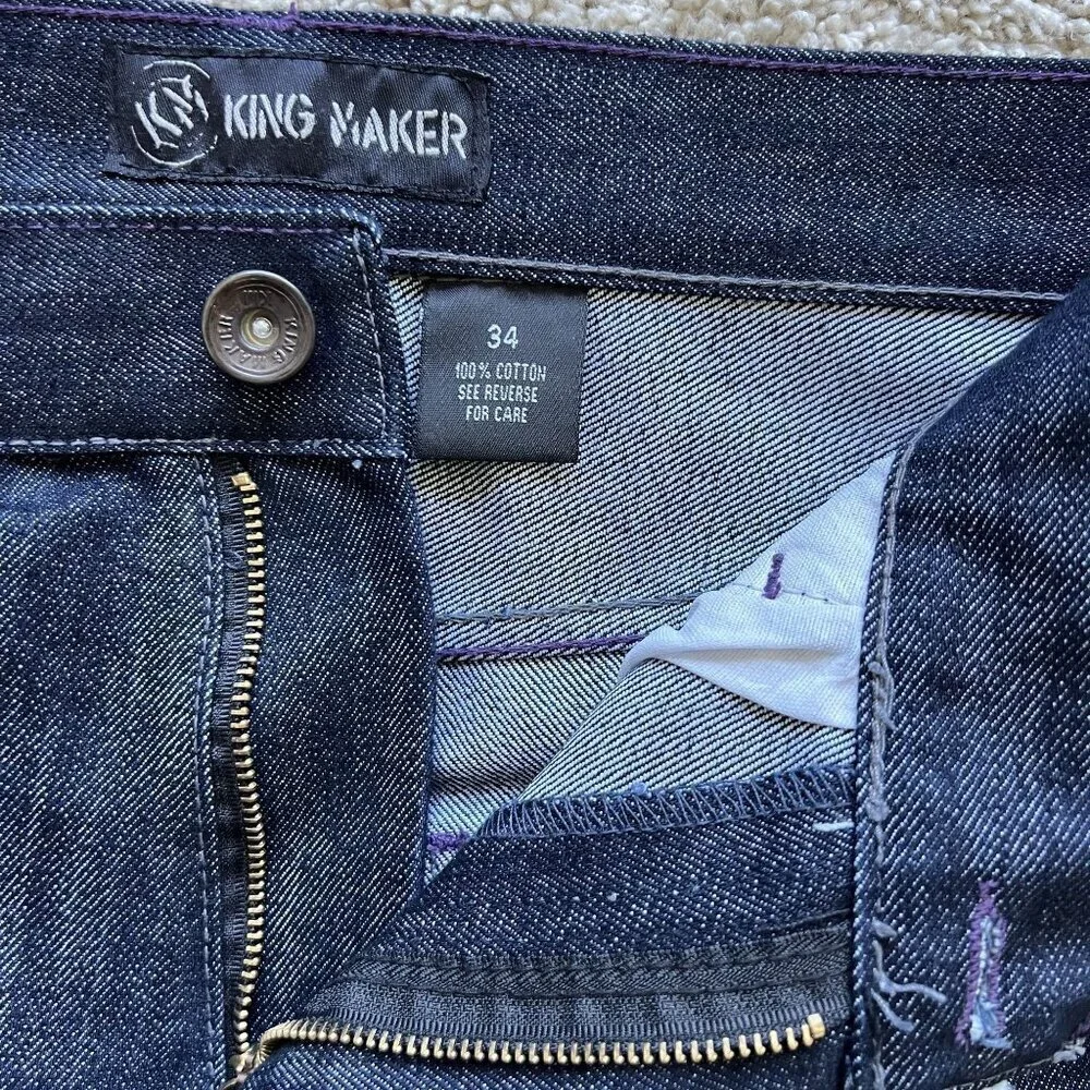 Vintage Y2K King Maker Mens 34x30 Dark Denim Jeans Embroidered Pockets Hip Hop